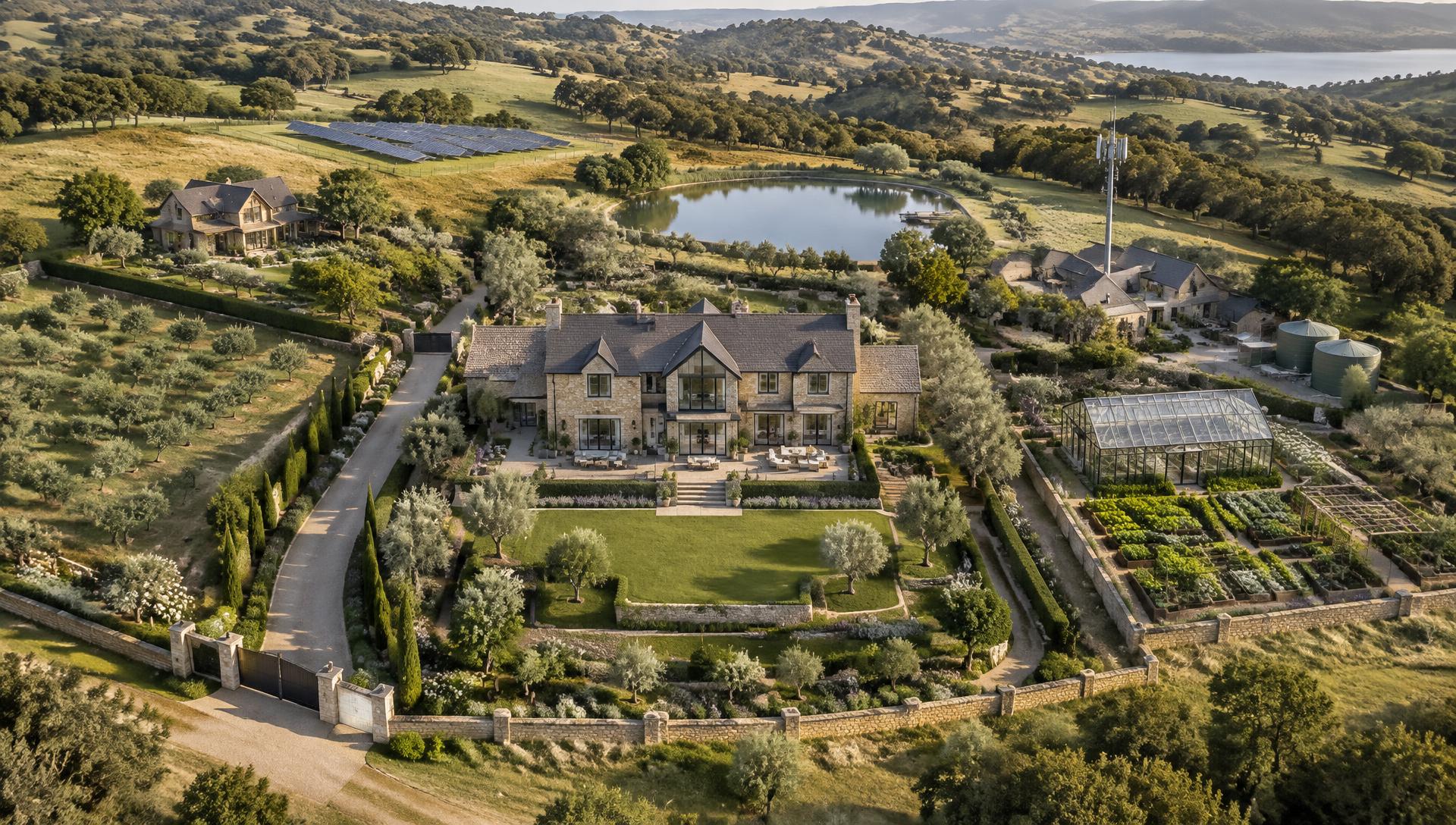 Aerial view of a private Sanctuary estate with residence, gardens, orchard, greenhouse, solar array, reservoir, guest cottages and walled entrance