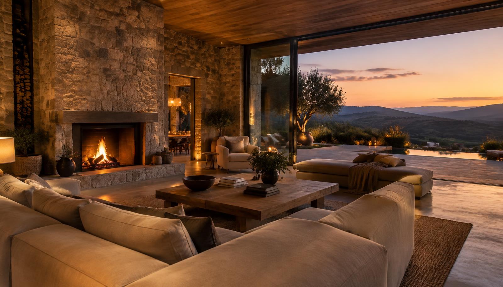 A warm timber and stone estate living room at dusk, open to a wide view across the grounds