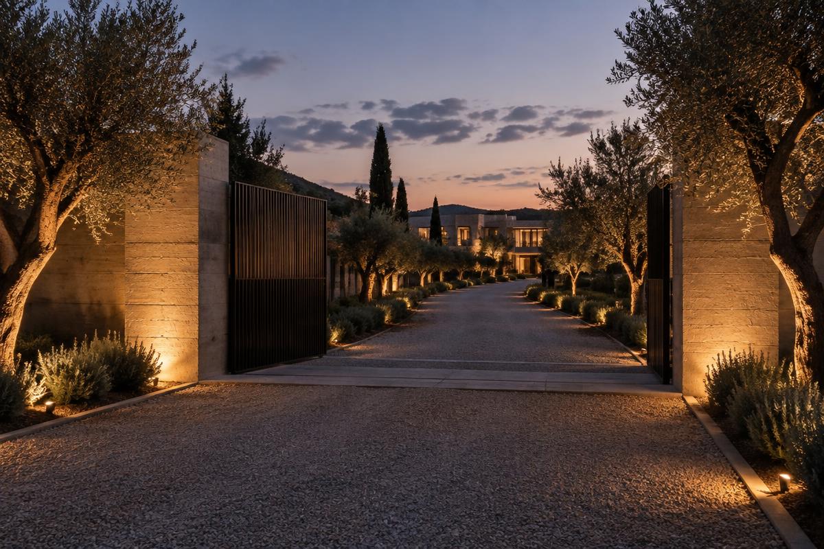 A blackened steel estate entrance gate set between board-formed concrete piers, warmly lit at dusk