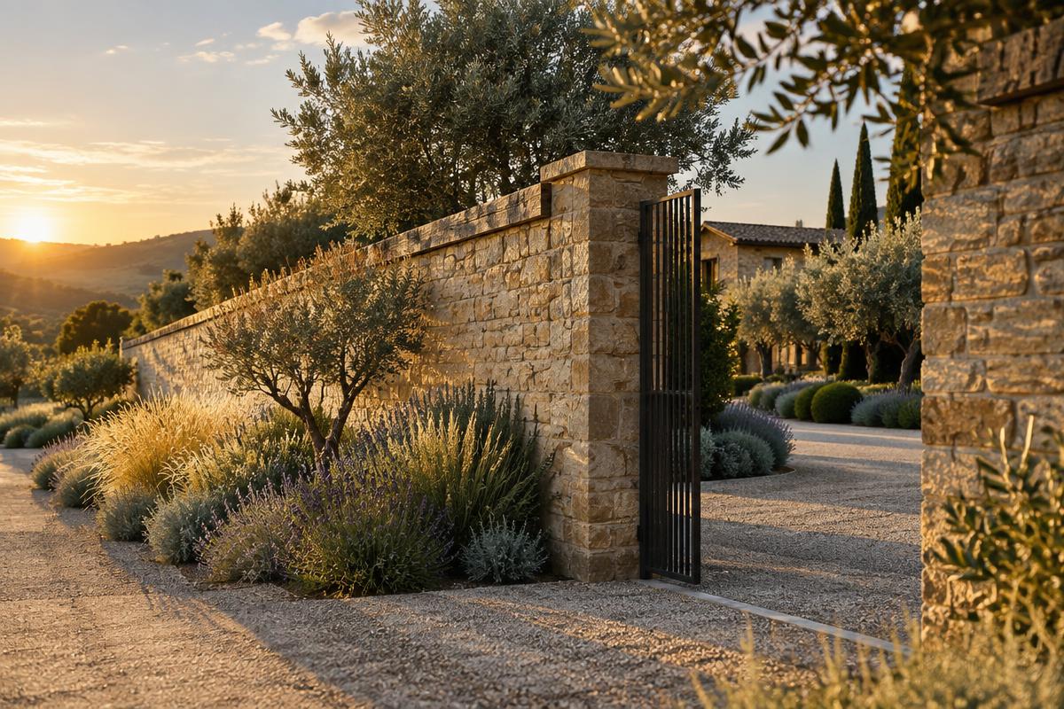 A honey-coloured natural stone estate wall softened with lavender, olives and ornamental grasses in golden late-afternoon light