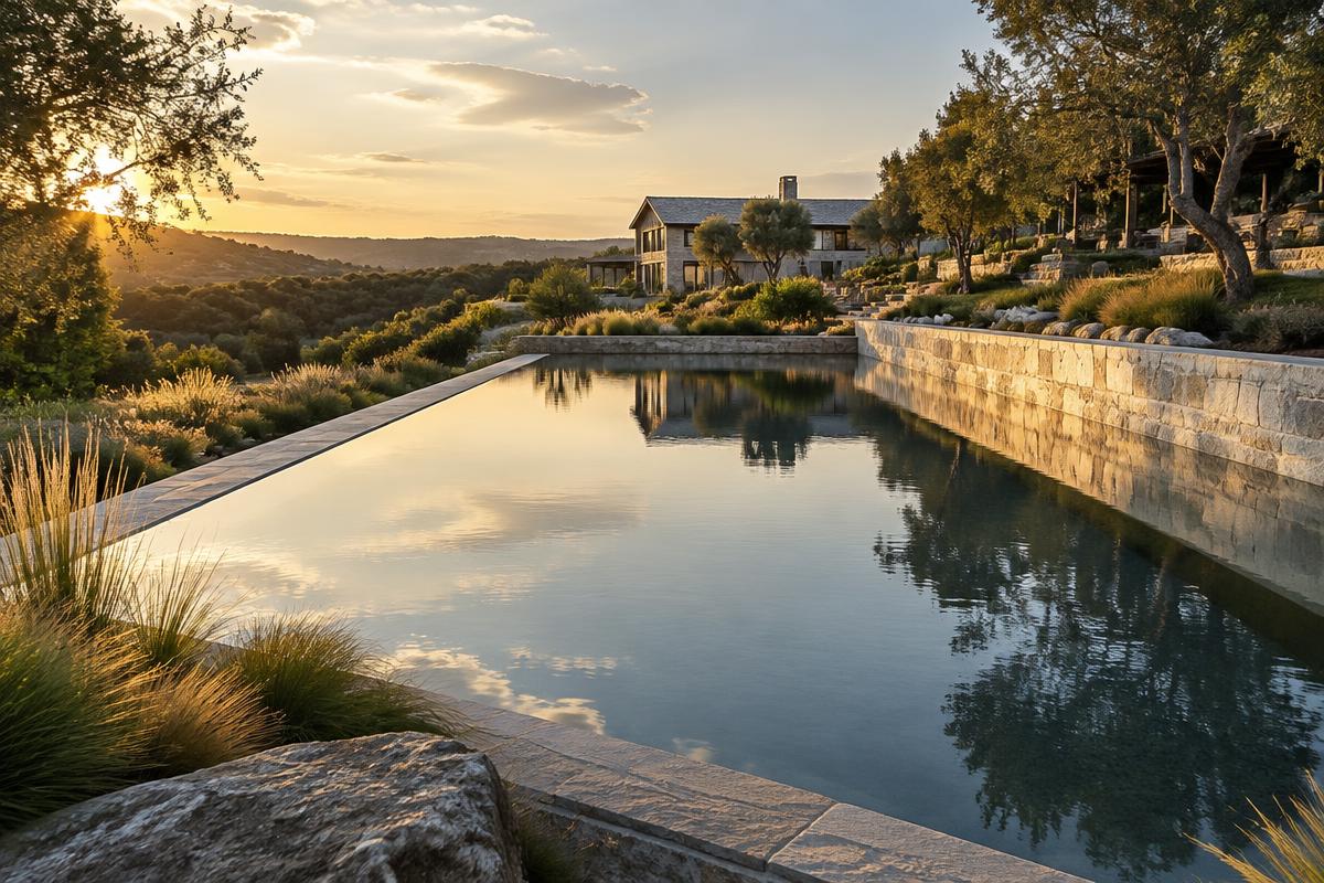 A still stone-lined estate water reservoir catching the late sun, terraced into the grounds below the residence
